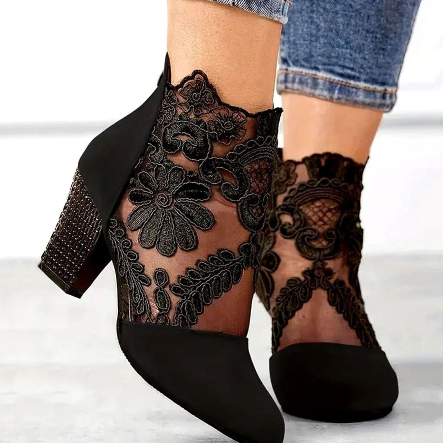 Fiona | Women's Floral Lace Ankle Booties Block Heels in Black