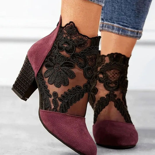 Fiona | Women's Floral Lace Ankle Booties Block Heels in Red