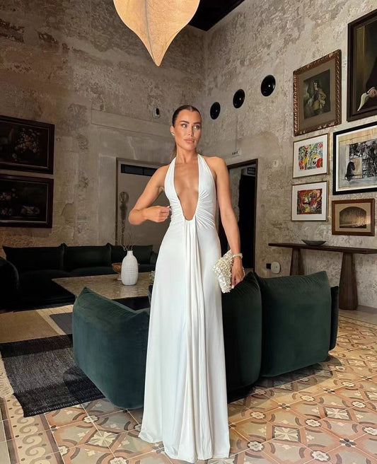 Fionnuala | Women's V-Neck Ruffle Elegant Maxi Dress in White