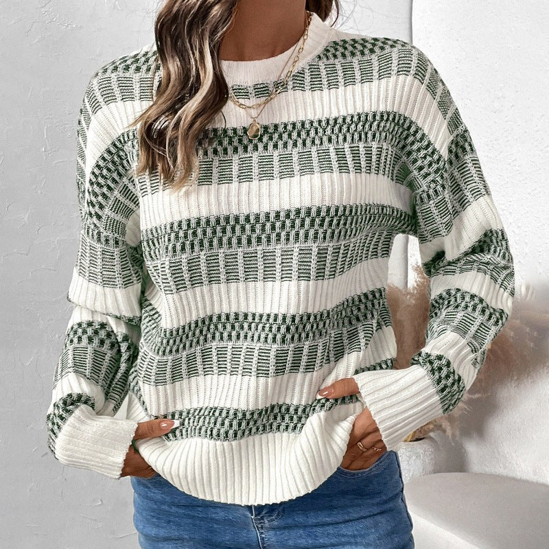 Fiorella | Women's Striped Knit Fashionable Sweater in Olive Green