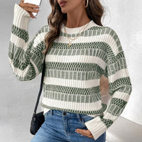 Fiorella | Women's Striped Knit Fashionable Sweater in Olive Green