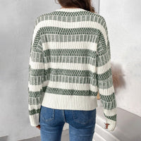 Fiorella | Women's Striped Knit Fashionable Sweater in Olive Green