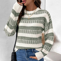 Fiorella | Women's Striped Knit Fashionable Sweater in Olive Green