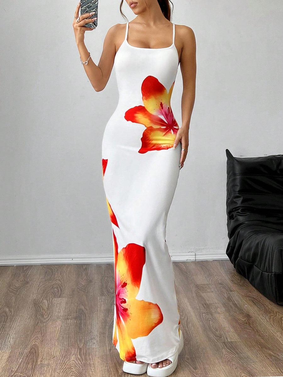Fiorella | Women's Spaghetti Strap Floral Maxi Dress in White