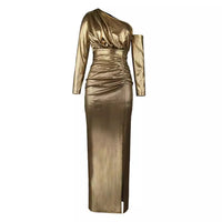 Fiorenza | Women's Wrap Slit Evening Dress in Gold