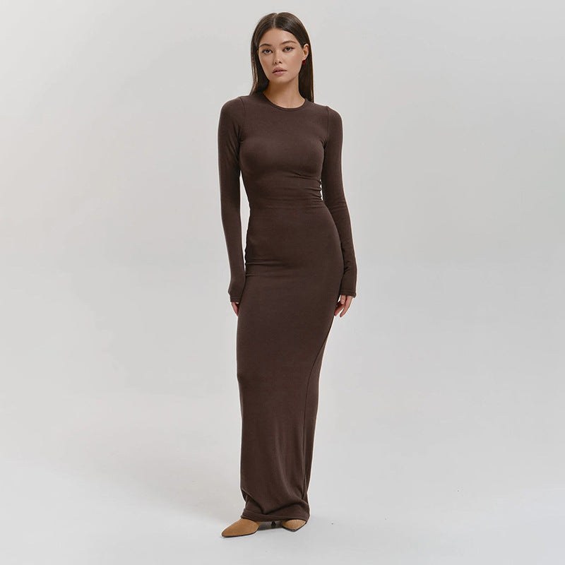Flavia | Women's Long Sleeve Elegant Maxi Dress in Brown