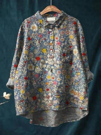 Flavia | Women's Button-Up Floral Blouse in Blue Gray