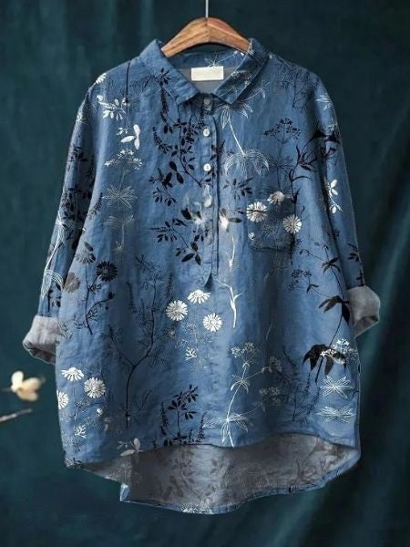 Flavia | Women's Button-Up Floral Blouse in Blue