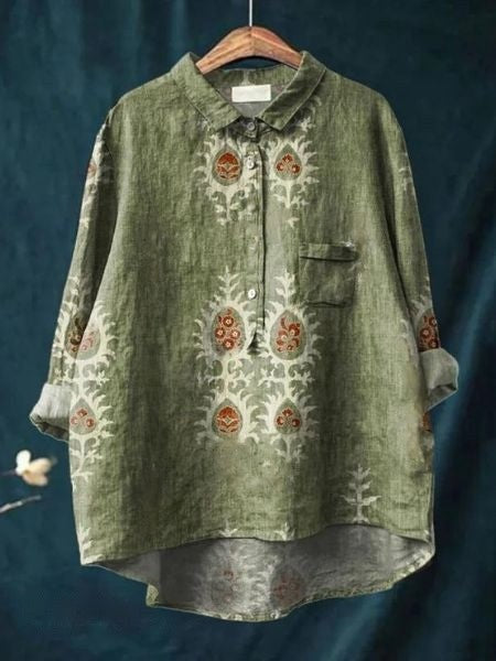 Flavia | Women's Button-Up Floral Blouse in Green