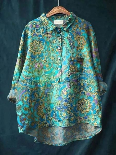 Flavia | Women's Button-Up Floral Blouse in Light Green