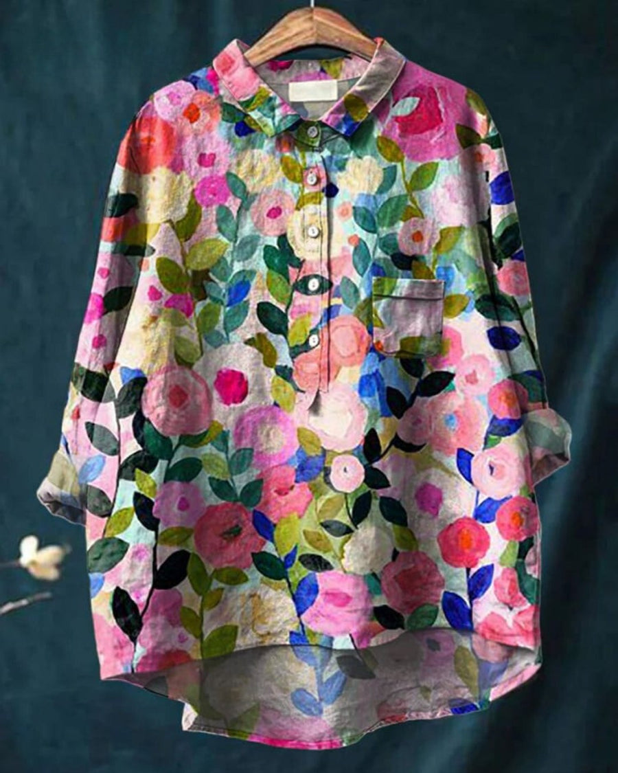 Flavia | Women's Button-Up Floral Blouse in Pink