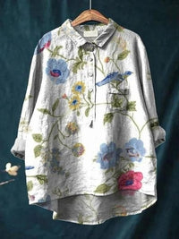 Flavia | Women's Button-Up Floral Blouse in White & Blue