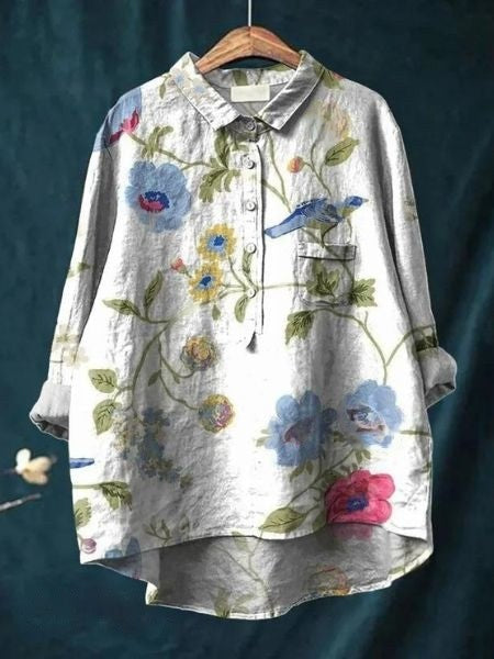 Flavia | Women's Button-Up Floral Blouse in White & Blue