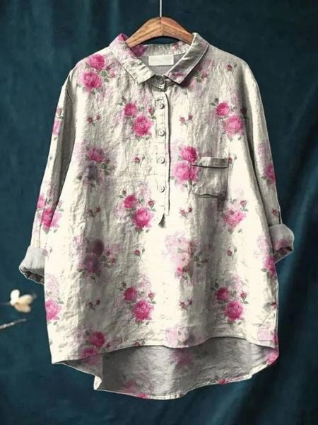 Flavia | Women's Button-Up Floral Blouse in White & Pink