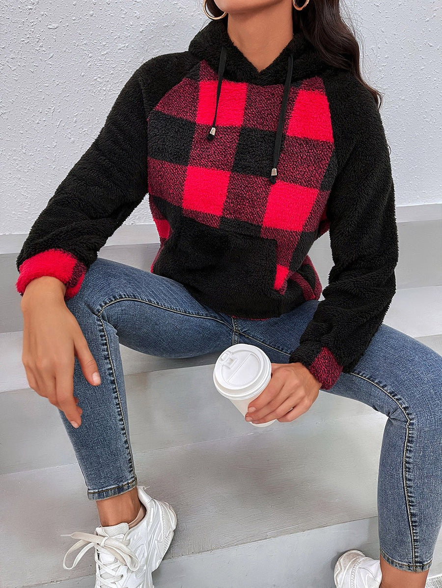 Flavienne | Women's Plaid Cozy Fleece Modern Hoodie in Red