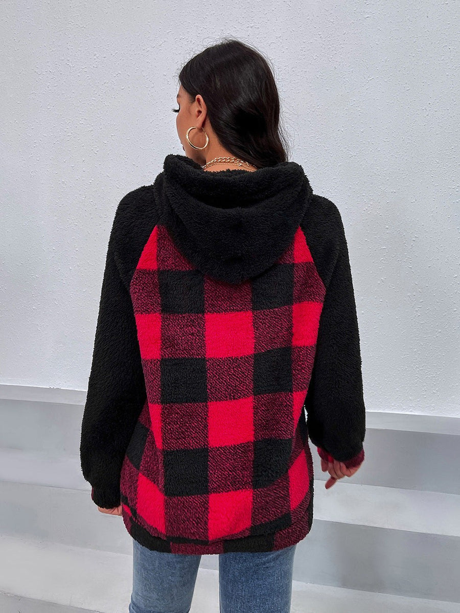 Flavienne | Women's Plaid Cozy Fleece Modern Hoodie in Red