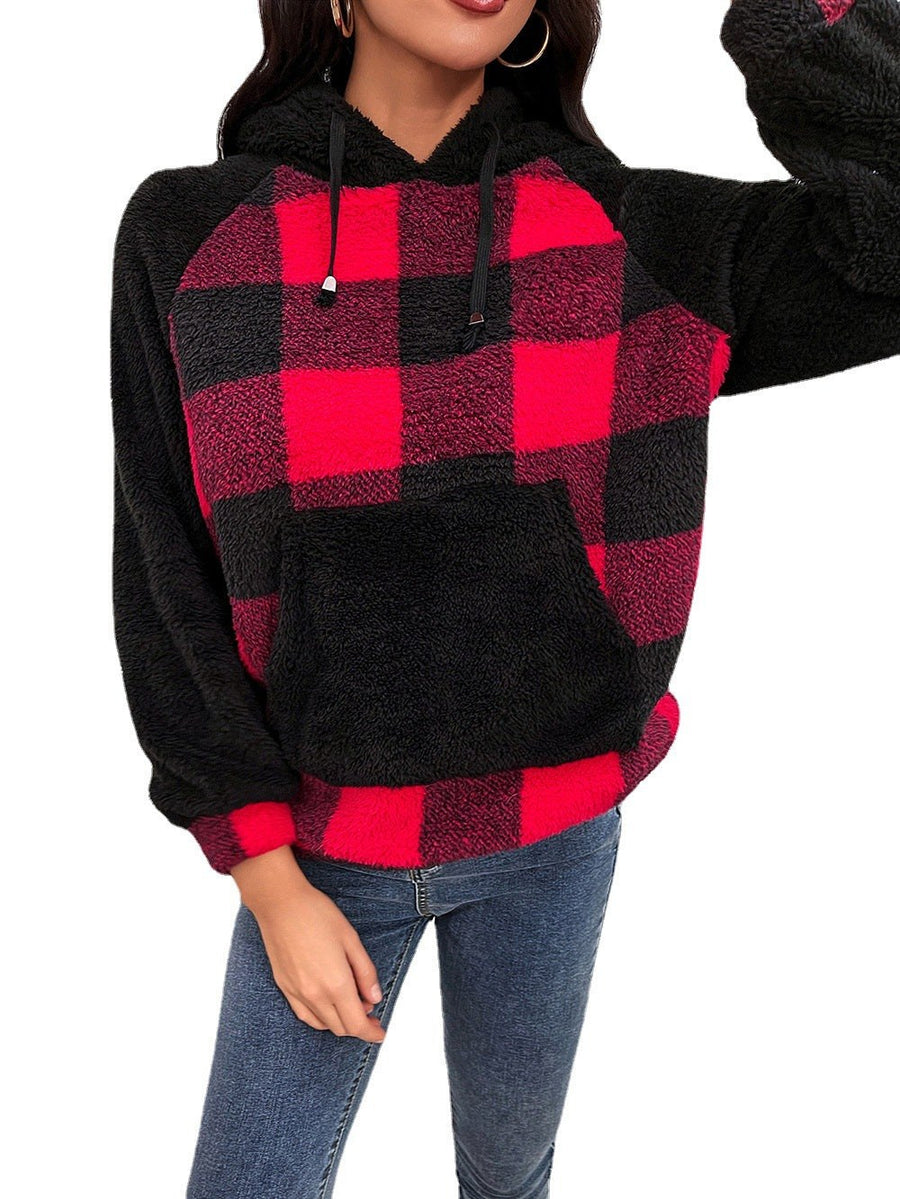 Flavienne | Women's Plaid Cozy Fleece Modern Hoodie in Red