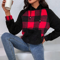 Flavienne | Women's Plaid Cozy Fleece Modern Hoodie in Red