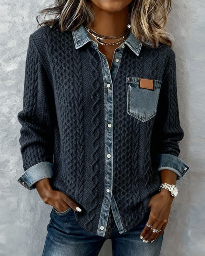 Fleur | Women's Cable Pattern Button Front Blouse in Dark Blue