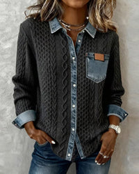Fleur | Women's Cable Pattern Button Front Blouse in Dark Gray