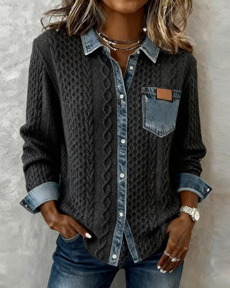 Fleur | Women's Cable Pattern Button Front Blouse in Dark Gray