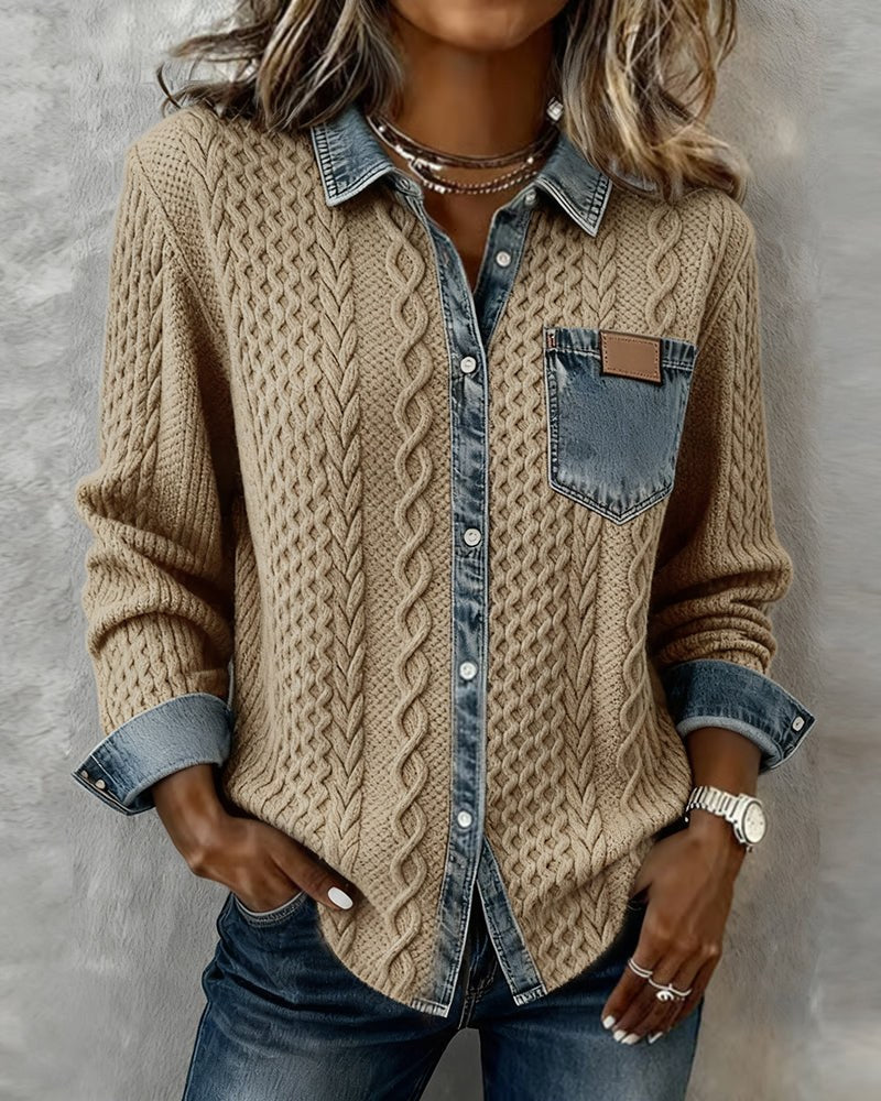 Fleur | Women's Cable Pattern Button Front Blouse in Khaki