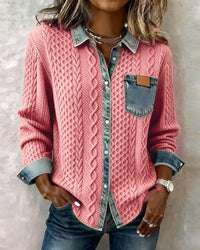 Fleur | Women's Cable Pattern Button Front Blouse in Pink