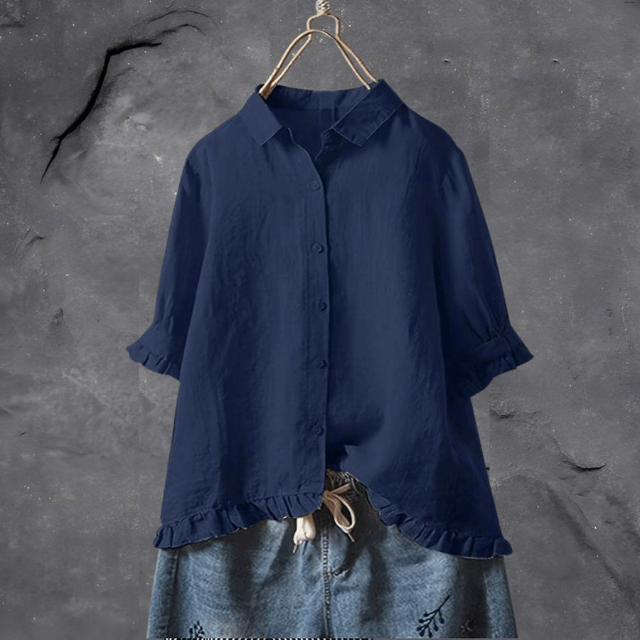 Flora | Women's Collared Ruffled Hem Blouse in Dark Blue