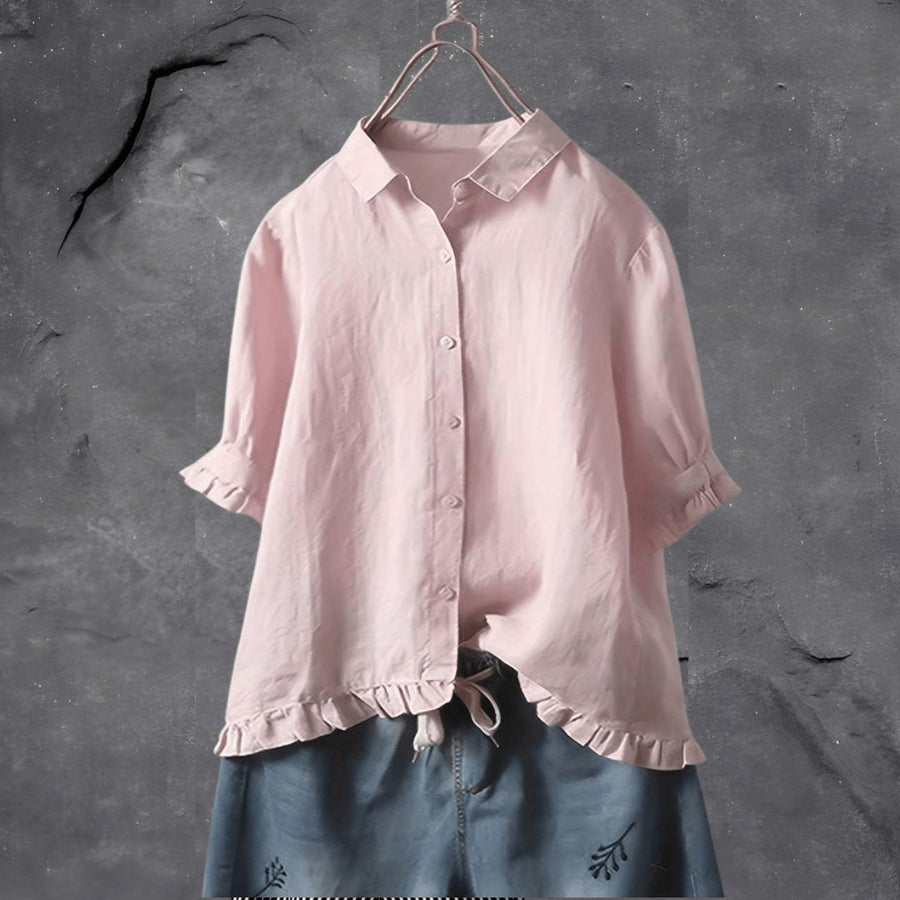 Flora | Women's Collared Ruffled Hem Blouse in Pink