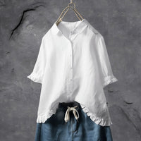 Flora | Women's Collared Ruffled Hem Blouse in White