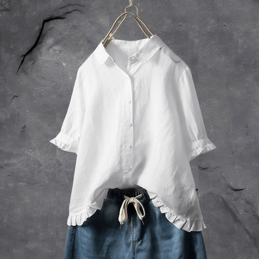 Flora | Women's Collared Ruffled Hem Blouse in White