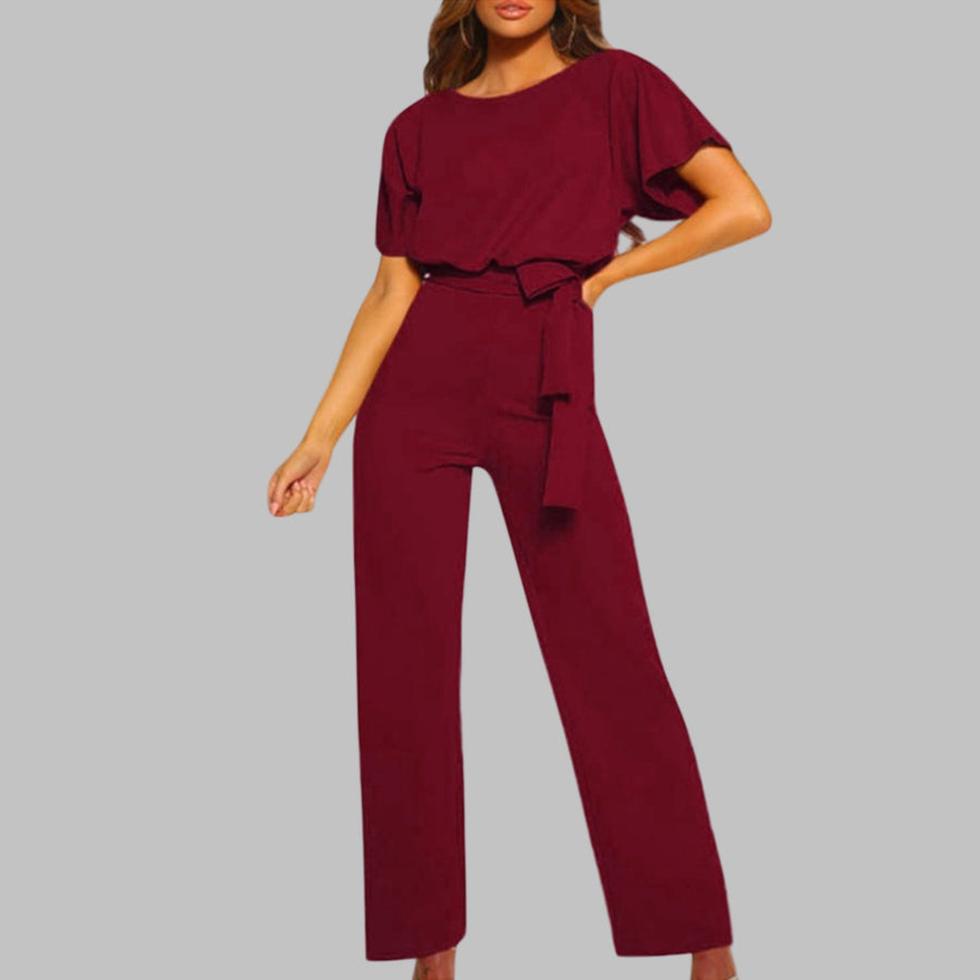 Florelle | Women's Belted Batwing Sleeve Wide-Leg Jumpsuit in Burgundy