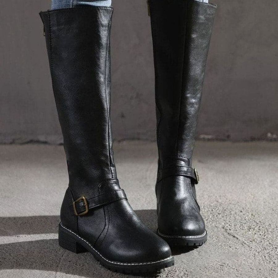 Florence | Women's Classic Buckle Side-Zip Knee-High Boots in Black