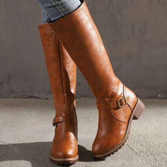 Florence | Women's Classic Buckle Side-Zip Knee-High Boots in Brown