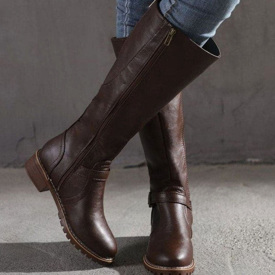 Florence | Women's Classic Buckle Side-Zip Knee-High Boots in Dark Brown