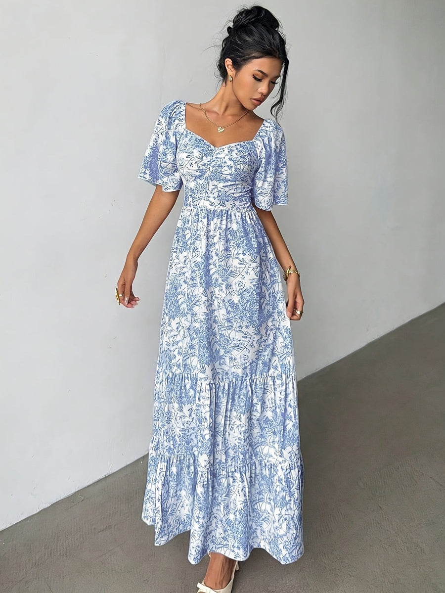 Florentina | Women's Sweetheart Tiered Floral Maxi Dress in Light Blue