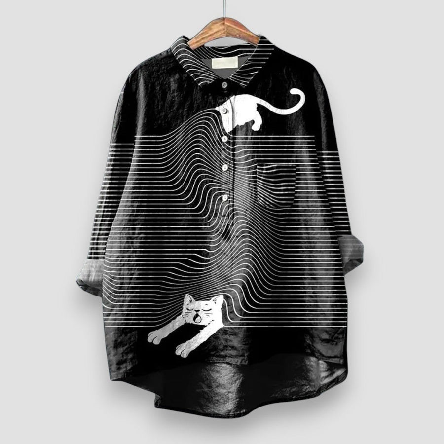 Floriane | Women's Dog Print with Button Blouse in Black