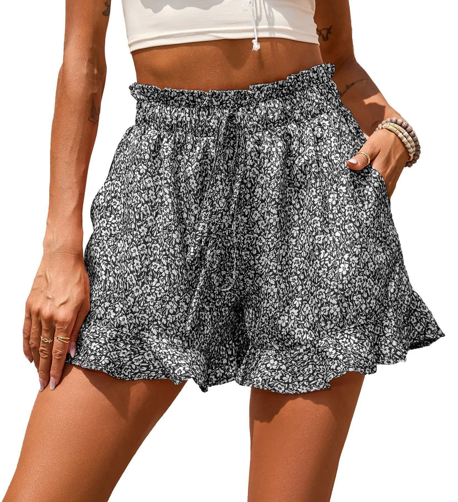 Floriane | Women's Elastic Waist Floral Shorts in Gray