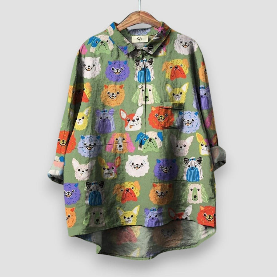 Floriane | Women's Dog Print with Button Blouse in Green