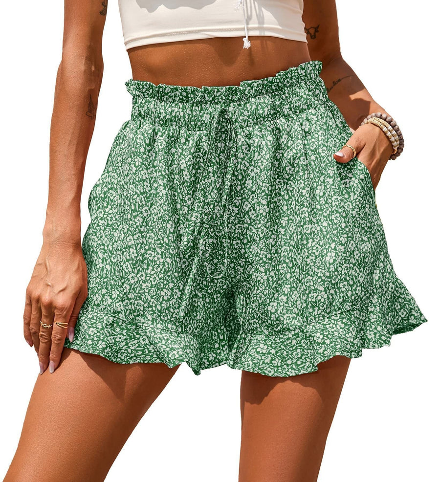 Floriane | Women's Elastic Waist Floral Shorts in Green
