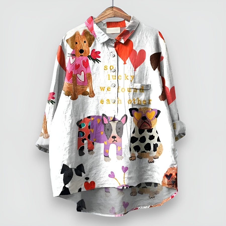 Floriane | Women's Dog Print with Button Blouse in White & Red
