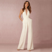 Florimel | Women's Halter Deep V Wide-Leg Jumpsuit in White