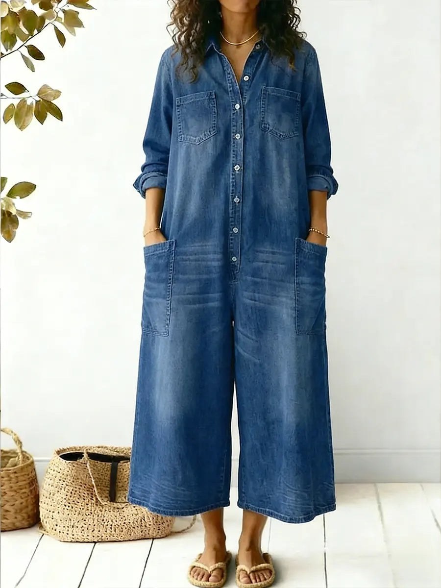 Fontaine | Women's Long Sleeve Button-Front Wide-Leg Jumpsuit