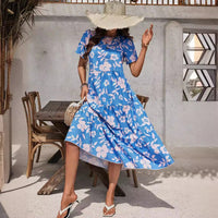 Fontaine | Women's Ruffle Detail Floral Summer Dress in Blue