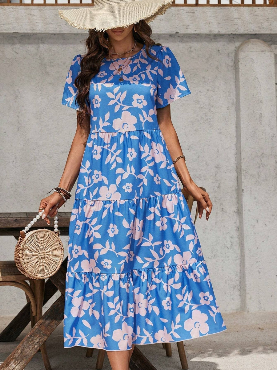 Fontaine | Women's Ruffle Detail Floral Summer Dress in Blue