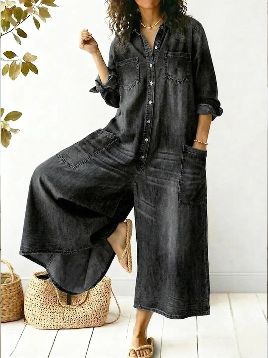 Fontaine | Women's Long Sleeve Button-Front Wide-Leg Jumpsuit in Black