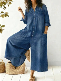 Fontaine | Women's Long Sleeve Button-Front Wide-Leg Jumpsuit in Blue