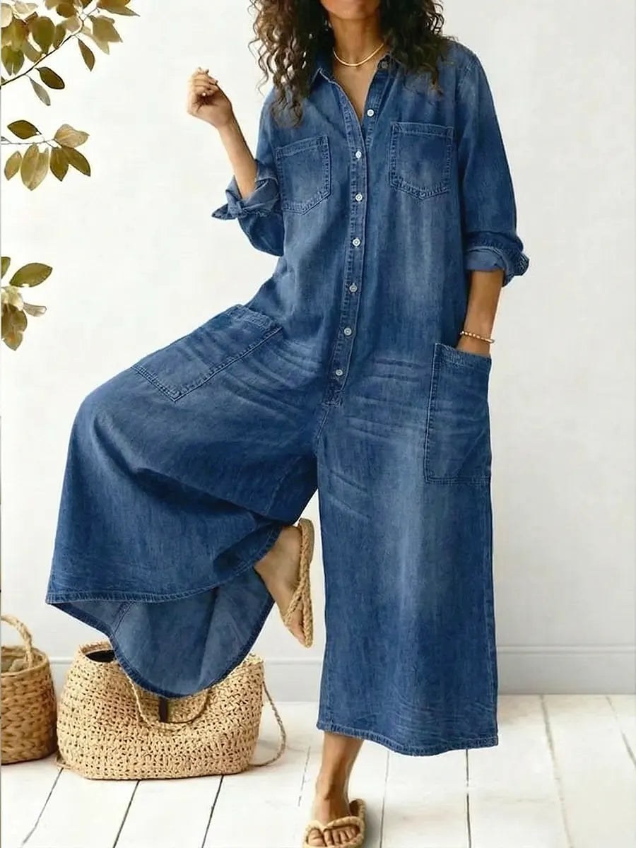 Fontaine | Women's Long Sleeve Button-Front Wide-Leg Jumpsuit in Blue