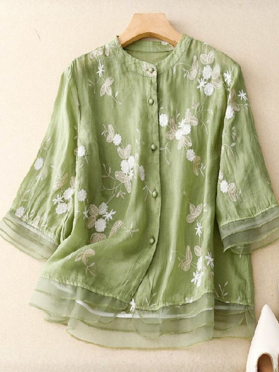 Fortuna | Women's Embroidered Accents Blouse in Green
