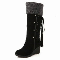 Frances | Women's Fur-Trim Wedge Knee-High Winter Boots in Black